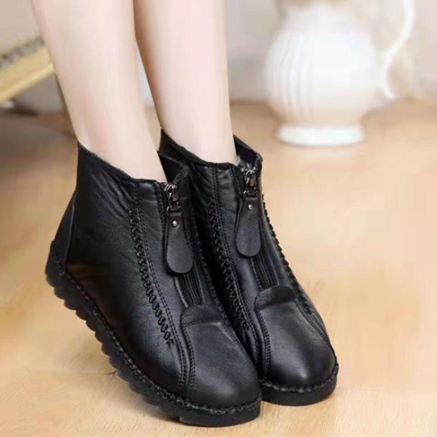 Front Zipper Flat Bottom Ankle Boots
